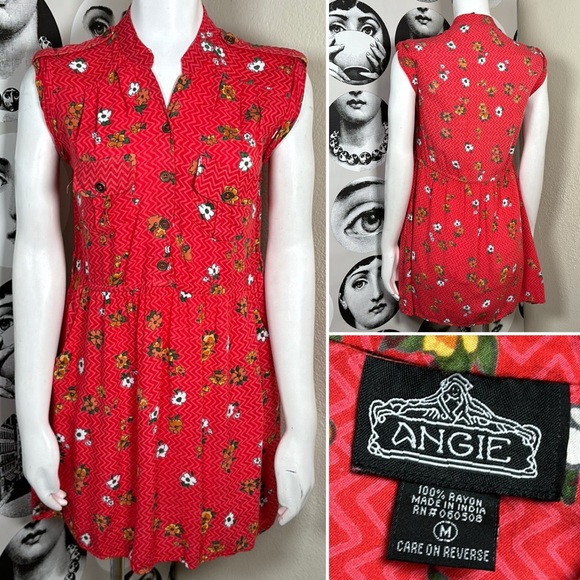 Angie Red & Multicolor Floral Print Vneck Dress w/ Pockets, Sz M - Picture 1 of 11